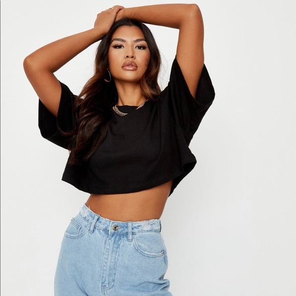 Missguided Drop Shoulder Oversized Black Crop Top Size 12 - Picture 3 of 8